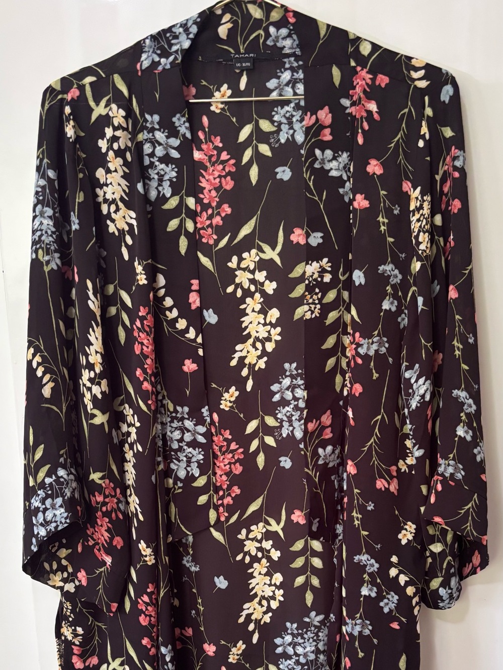 Tahari| Black Floral Long Sleeve Kimono Jacket Pink, Blue & Cream Blooms Sz L/XL
